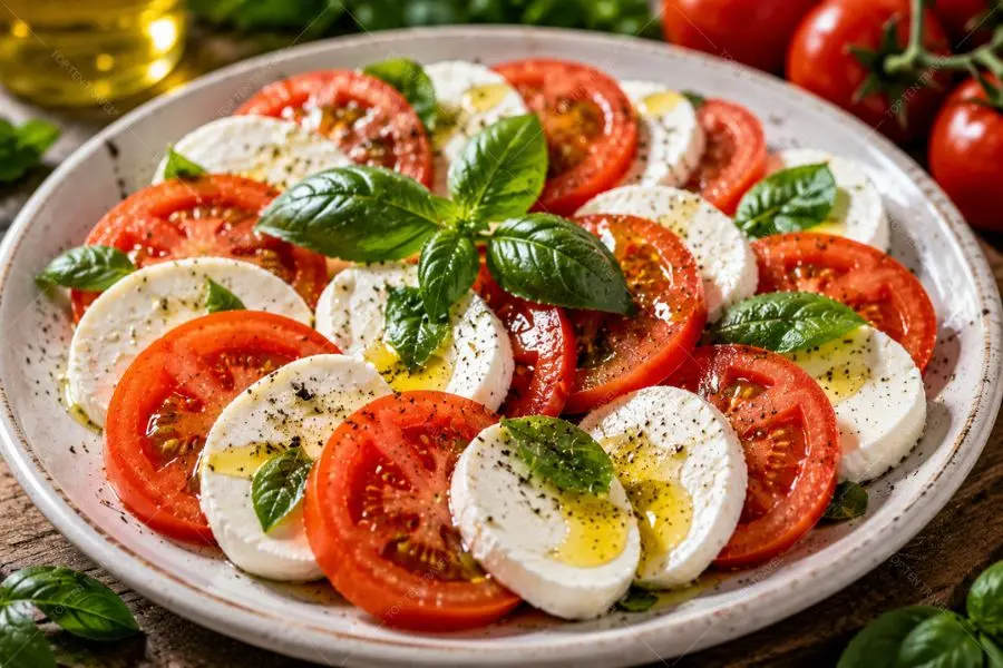 Caprese Salad nổi bật với sự kết hợp tinh tế giữa cà chua chín mọng, mozzarella tươi và lá basil nước Ý