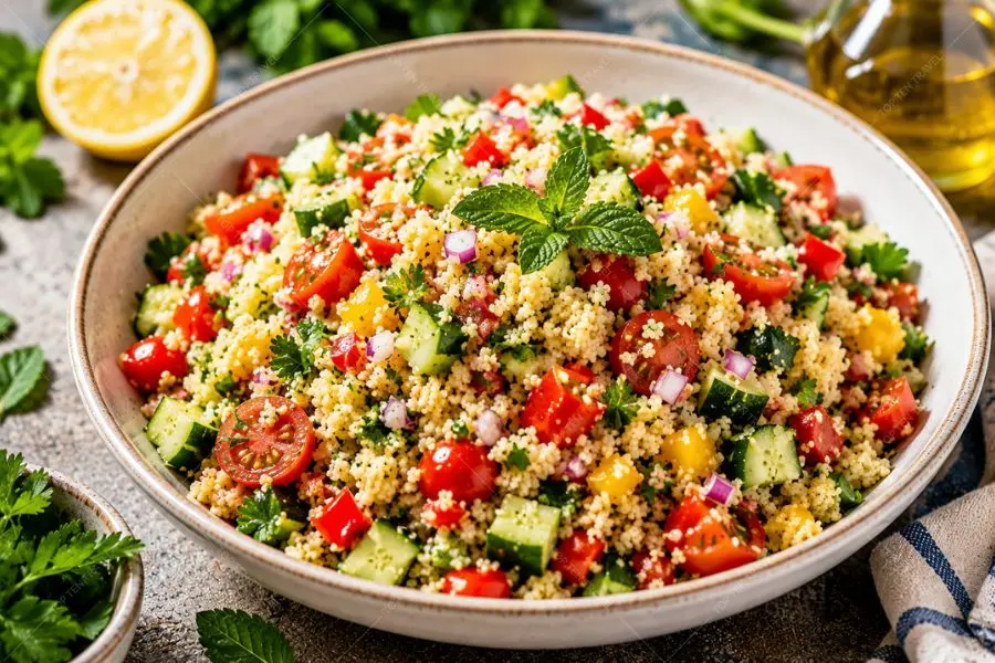 Couscous Salad là món salad thanh mát nổi bật của Bắc Phi với hạt couscous mềm tơi và rau củ tươi.
