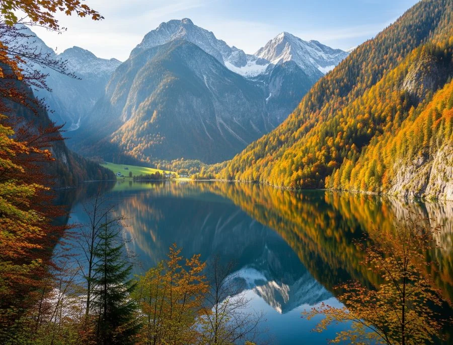 Hồ Königssee sở hữu vẻ đẹp yên bình với những hàng cây đổi màu