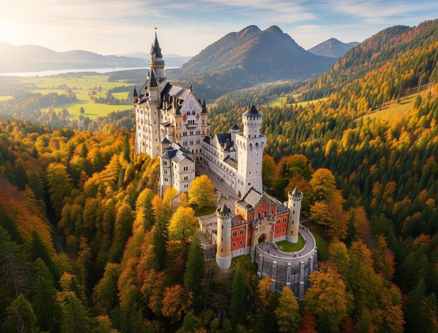Lâu đài Neuschwanstein nổi bật giữa khung cảnh rực rỡ của mùa thu