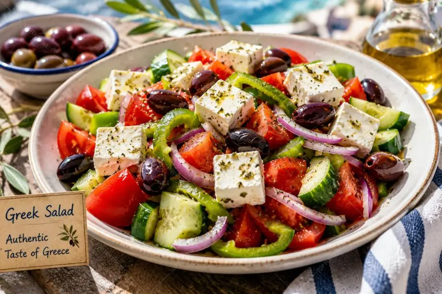 Greek Salad mang đậm tinh thần mùa hè Hy Lạp với rau củ tươi sống, olive và phô mai feta đặc trưng