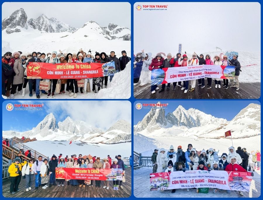 Đoàn khách Top Ten Travel khám phá Núi Tuyết Ngọc Long với tuyết phủ xung quanh