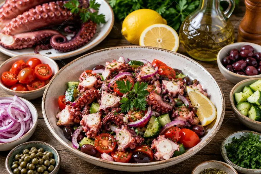 Octopus Salad mang hương vị biển cả Địa Trung Hải với bạch tuộc giòn dai cùng rau thơm thanh mát.
