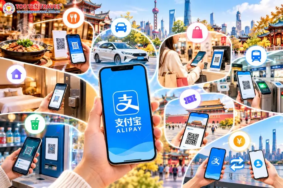 Alipay là ứng dụng thanh toán phổ biến, hỗ trợ quét mã QR, mua sắm, di chuyển và nhiều dịch vụ tại Trung Quốc.