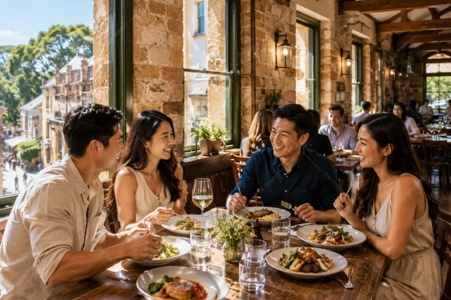 Du khách thưởng thức ẩm thực trong nhà hàng cổ kính tại The Rocks Sydney