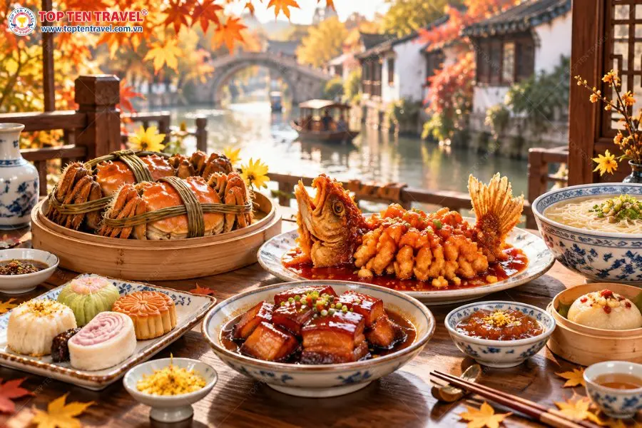 Ẩm thực Tô Châu mùa thu với cua lông, cá quế chiên xù hình sóc, mì Tô Châu, thịt kho và bánh truyền thống