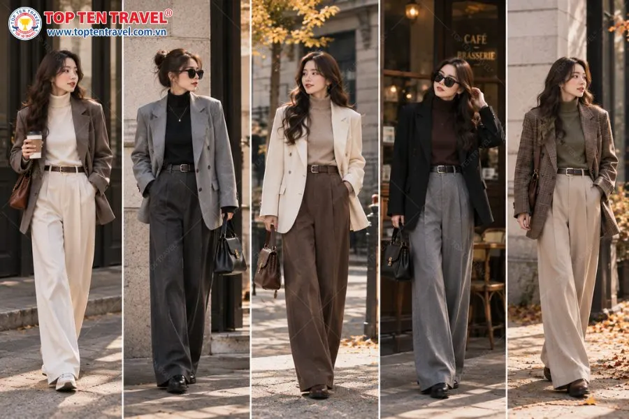 Blazer kết hợp áo cổ lọ và quần ống suông tạo phong cách thanh lịch, hiện đại