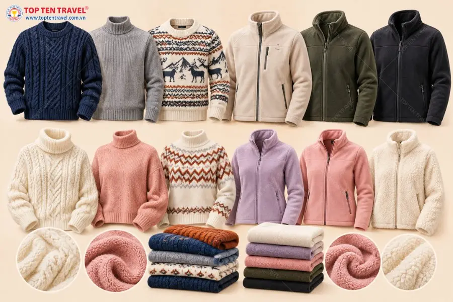 Áo len và fleece là lựa chọn phù hợp cho lớp giữ ấm khi phối đồ du lịch Tây Tạng