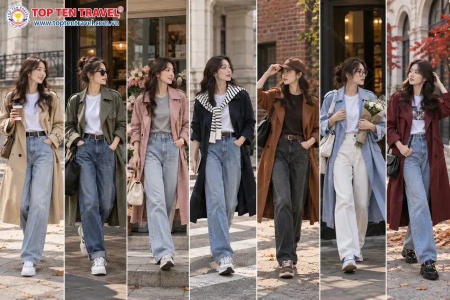 Công thức áo thun, jeans và trench coat đơn giản nhưng dễ ứng dụng khi du lịch