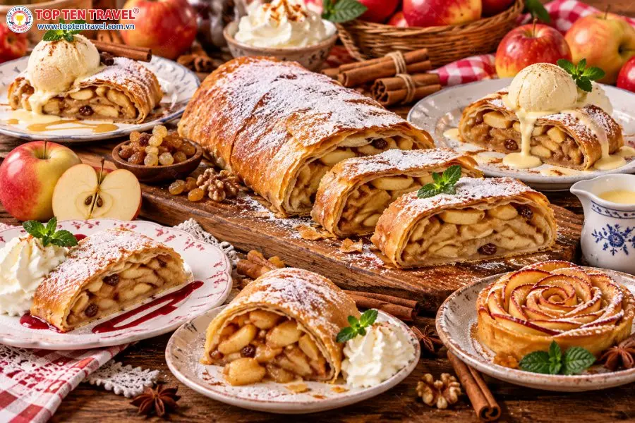 Apfelstrudel với lớp vỏ mỏng giòn và nhân táo quế thơm ngọt là món tráng miệng nổi tiếng của nước Áo