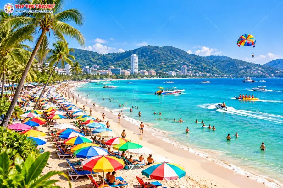 Bãi biển Patong thu hút du khách bởi không khí sôi động cùng nhiều hoạt động vui chơi trên biển