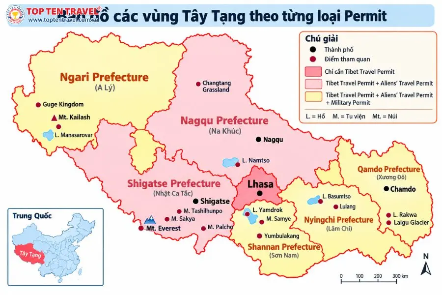 Bản đồ các khu vực Tây Tạng và những loại giấy phép du lịch tương ứng