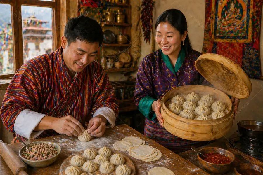 Momos có lớp vỏ mềm mịn, phần nhân nóng hổi và đậm vị, thường được ăn kèm với nước chấm cay tê