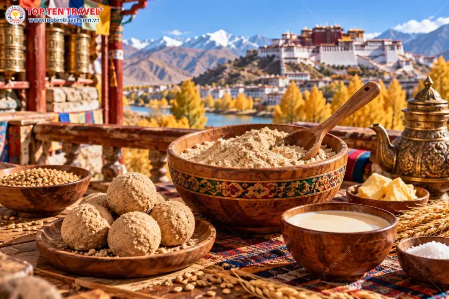 Tsampa là món ăn truyền thống được chế biến từ bột lúa mạch rang, thường dùng cùng trà bơ