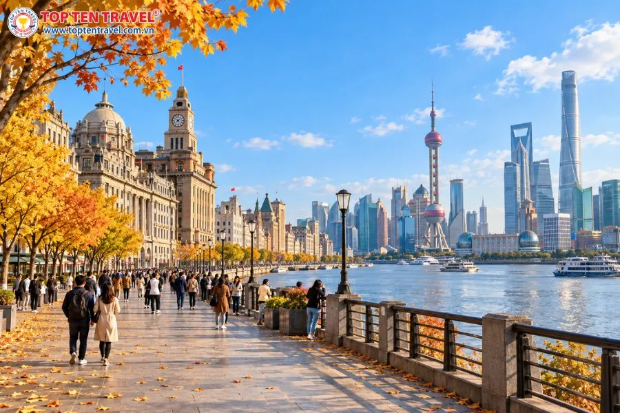 Bến Thượng Hải mùa thu nổi bật với sự giao thoa giữa kiến trúc cổ kính, những tòa nhà chọc trời và sắc vàng của cây cối