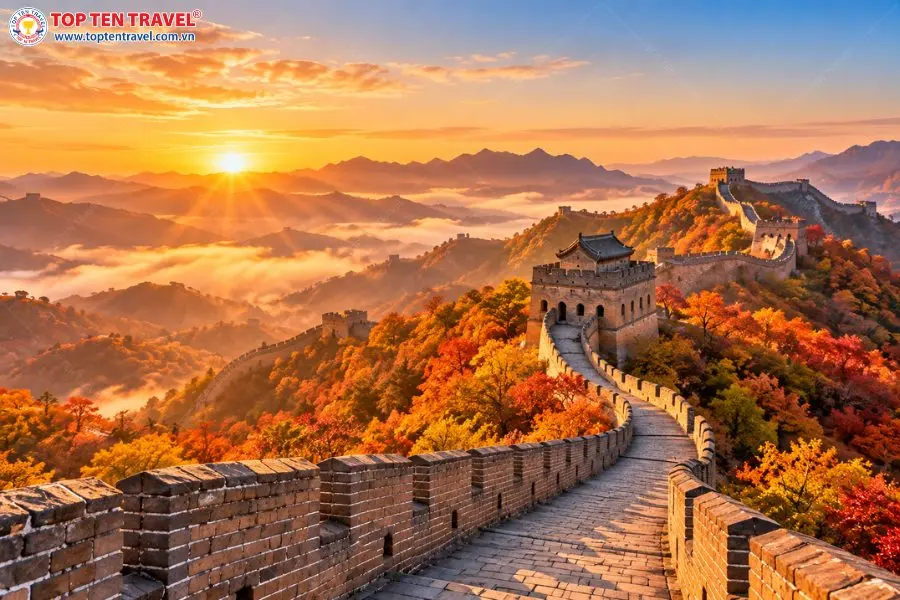 Ánh bình minh nhuộm vàng những bức tường cổ và rừng cây mùa thu, tạo nên khung cảnh yên bình trên Vạn Lý Trường Thành