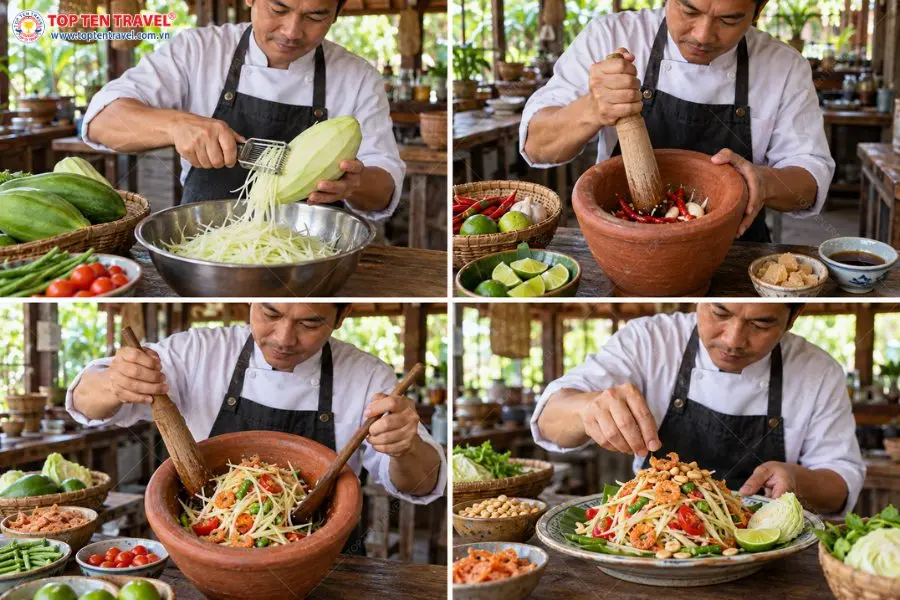 Những công đoạn tạo nên đĩa Som Tam tươi giòn, hấp dẫn.