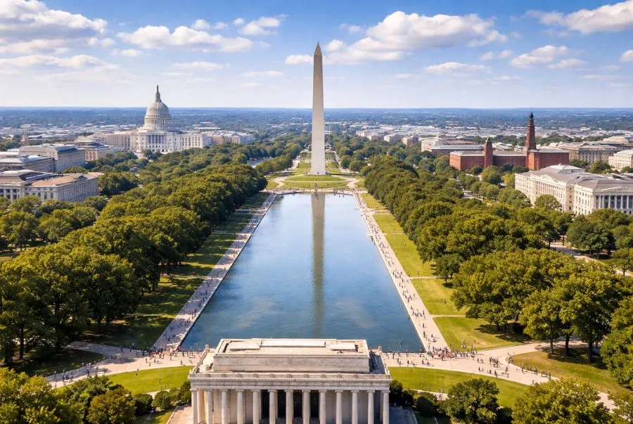 National Mall sở hữu không gian xanh mát, rộng lớn trải dài giữa Điện Capitol và Đài tưởng niệm Lincoln