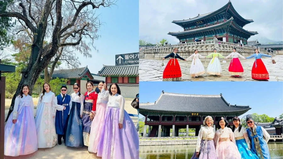 Những vị khách tại nhà Top Ten Travel thích thú check-in cùng hanbok tại các cung điện Hàn Quốc