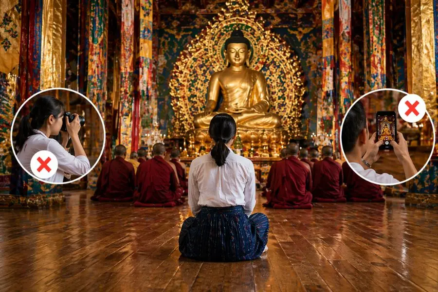 Chụp ảnh tại các khu vực chính điện hoặc làm lễ là một trong những điều cấm kỵ quan trọng khi du lịch Bhutan