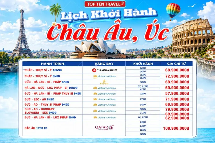 Lịch khởi hành tour Châu Âu mùa hè giá tốt tại Top Ten Travel