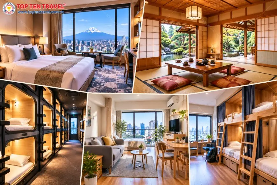 Nhật Bản có nhiều hình thức lưu trú từ khách sạn, ryokan truyền thống đến capsule hotel và hostel