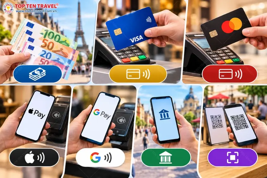 Tiền mặt, thẻ quốc tế, ví điện tử và thanh toán không tiếp xúc là những phương thức thường gặp trong hành trình du lịch Châu Âu.