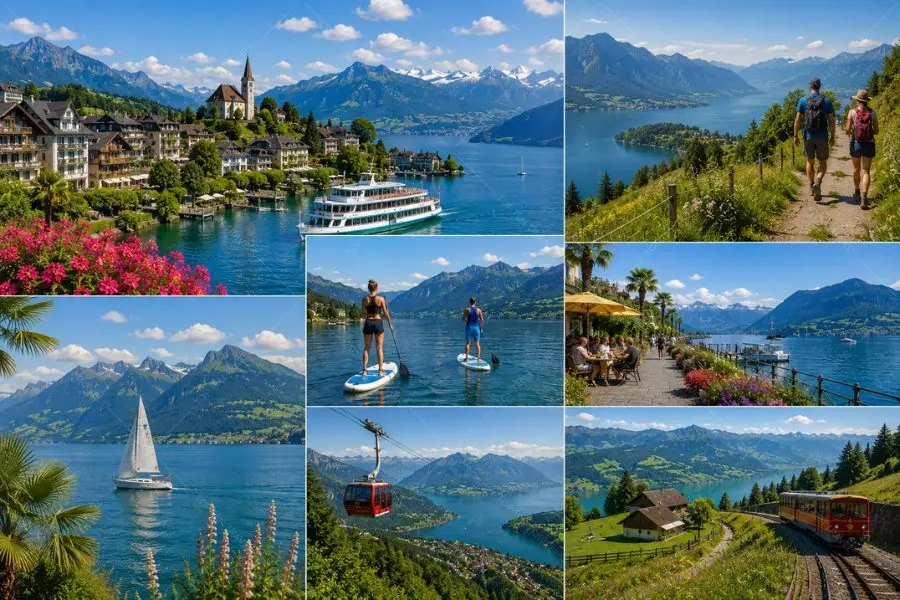 Các hoạt động nổi bật tại Weggis gồm đi thuyền trên hồ Lucerne, trekking núi Rigi, SUP và thư giãn bên bờ hồ