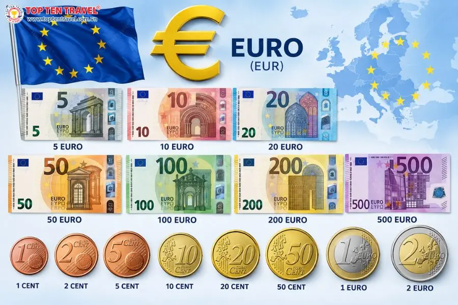 Các mệnh giá tiền Euro EUR, bao gồm tiền giấy và tiền xu