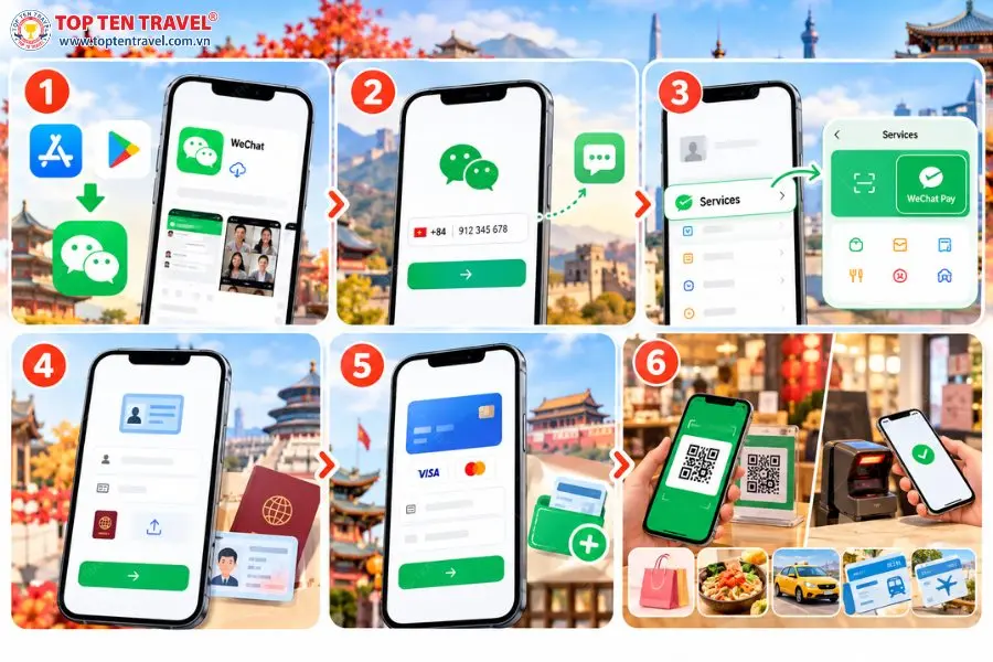 Các bước cơ bản để cài đặt, liên kết thẻ và sử dụng WeChat Pay khi du lịch Trung Quốc.
