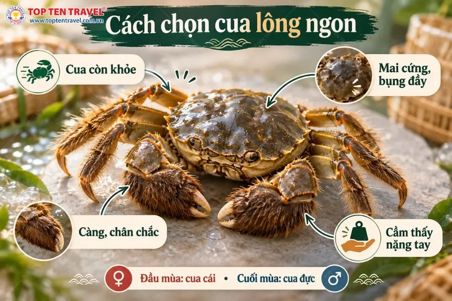 Hướng dẫn cách chọn cua lông Tô Châu ngon qua độ chắc của mai, càng cua và trọng lượng.