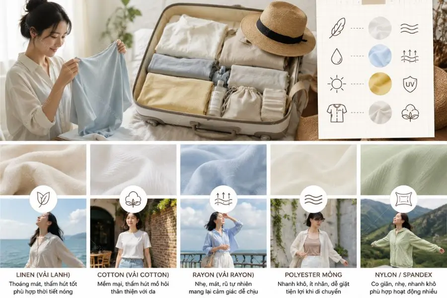 Khi lựa chọn trang phục, du khách nên ưu tiên chất liệu thoáng mát, thấm hút tốt