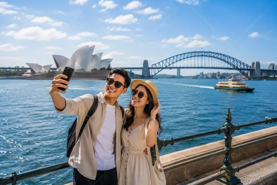 Cặp đôi check-in tại vịnh Sydney với Nhà hát Opera và cầu cảng Sydney phía sau