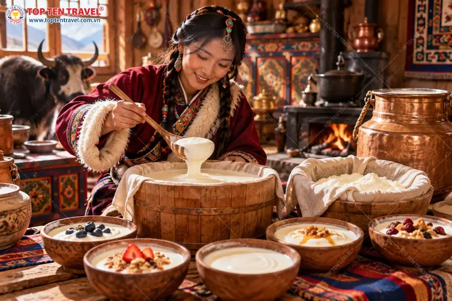 Sữa chua Yak là món ăn đặc trưng của vùng cao nguyên Tây Tạng với vị chua tự nhiên và kết cấu sánh mịn