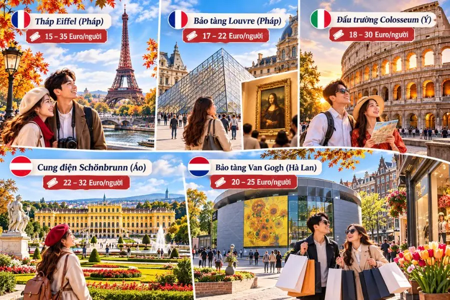 Chi phí vé tham quan các địa danh nổi tiếng tại Châu Âu như tháp Eiffel, Louvre, Colosseum và Schönbrunn