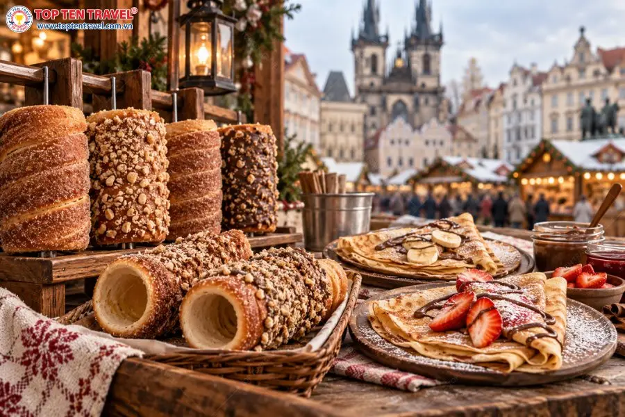 Chimney Cake thơm mùi quế và crepe ngọt ngào là những món ăn vặt hấp dẫn tại các khu phố và khu chợ Châu Âu