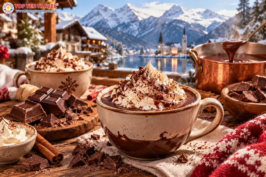 Một ly chocolate nóng đậm vị là lựa chọn lý tưởng để tận hưởng không khí se lạnh của Thụy Sĩ.