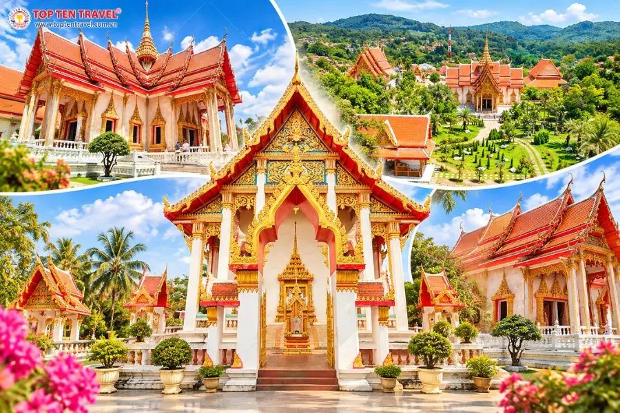 Kiến trúc chùa Wat Chalong Phuket với mái ngói đỏ và họa tiết trang trí dát vàng truyền thống