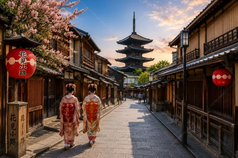 Con phố Hanamikoji Kyoto nổi bật với vẻ đẹp cổ kính và đèn lồng truyền thống