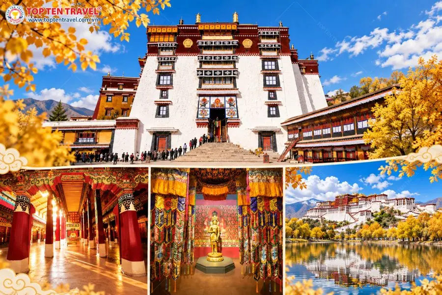 Cung điện Potala tại Lhasa vào mùa thu với kiến trúc Tây Tạng đặc trưng