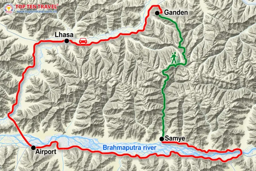 Sơ đồ tuyến trekking Ganden – Samye và các chặng di chuyển kết nối từ Lhasa.