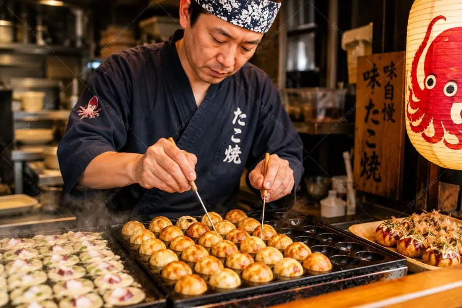 Bạch tuộc Takoyaki là biểu tượng ẩm thực đường phố Osaka với lớp vỏ giòn nhẹ và nhân bạch tuộc nóng hổi đầy hấp dẫn.