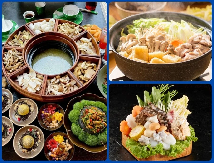 Một nồi lẩu thường bao gồm nhiều loại nấm quý như nấm tuyết, nấm hương rừng, nấm mỡ, nấm thông