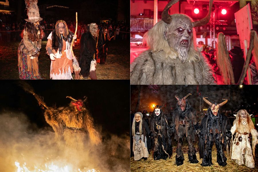Hình ảnh Krampus với phần lông thú, chiếc áo choàng, cặp sừng dê và mặt nạ quỷ vô cùng đáng sợ