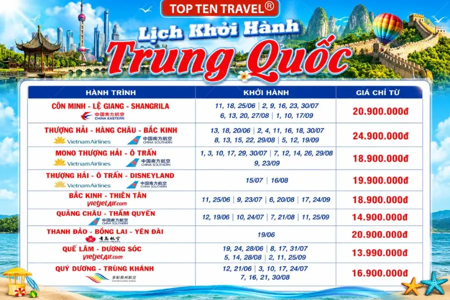 Một số các hành trình tour du lịch Trung Quốc tiêu biểu của Top Ten Travel