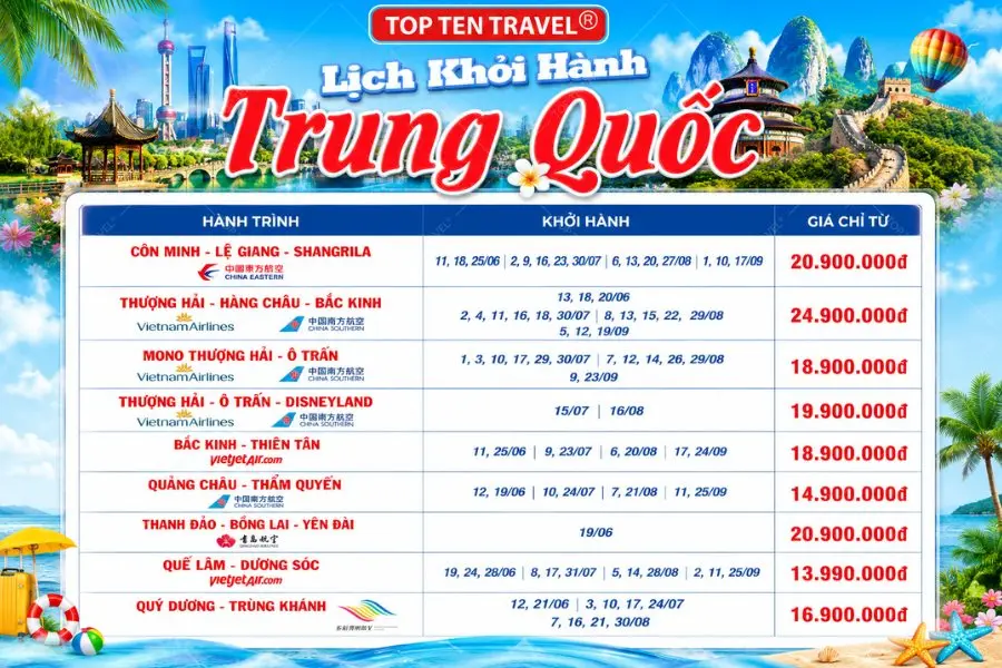 Lịch khởi hành đa dạng của các hành trình tour Trung Quốc tại Top Ten Travel