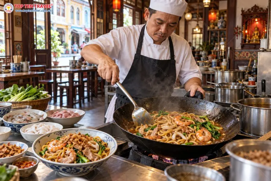 Mì Hokkien Mee hấp dẫn với sợi mì vàng cùng các nguyên liệu được xào nóng trên chảo