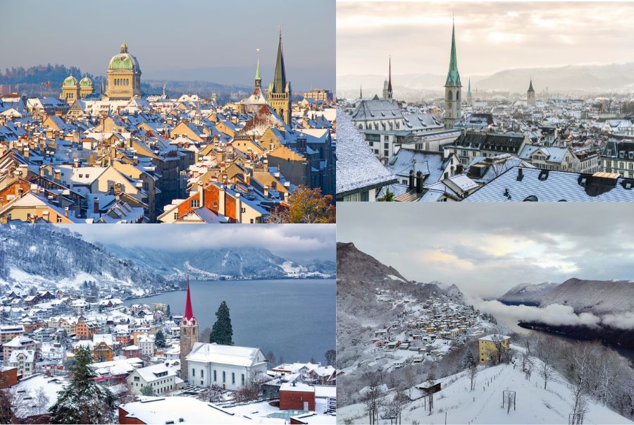 Mùa đông tại Thụy Sĩ nổi bật với khung cảnh tuyết trắng bao phủ