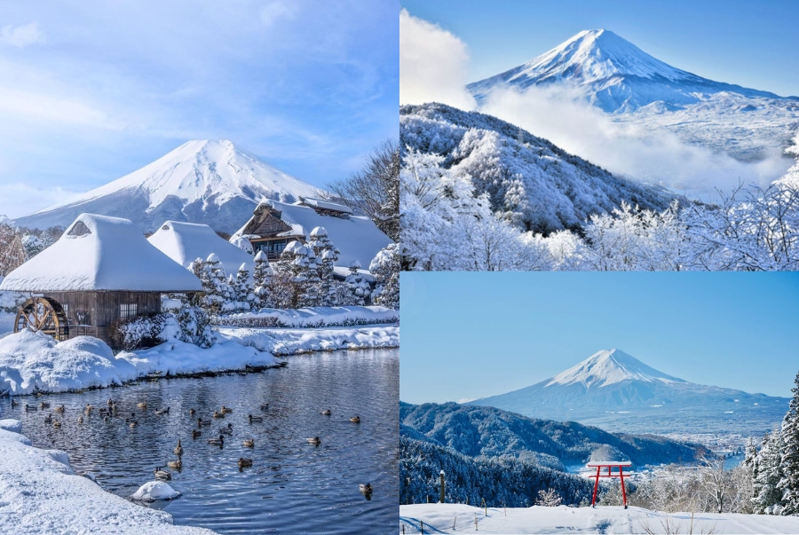 Núi Phú Sĩ vào mùa đông khoác lên mình một màu áo trắng tinh mang vẻ đẹp tráng lệ và tinh khiết