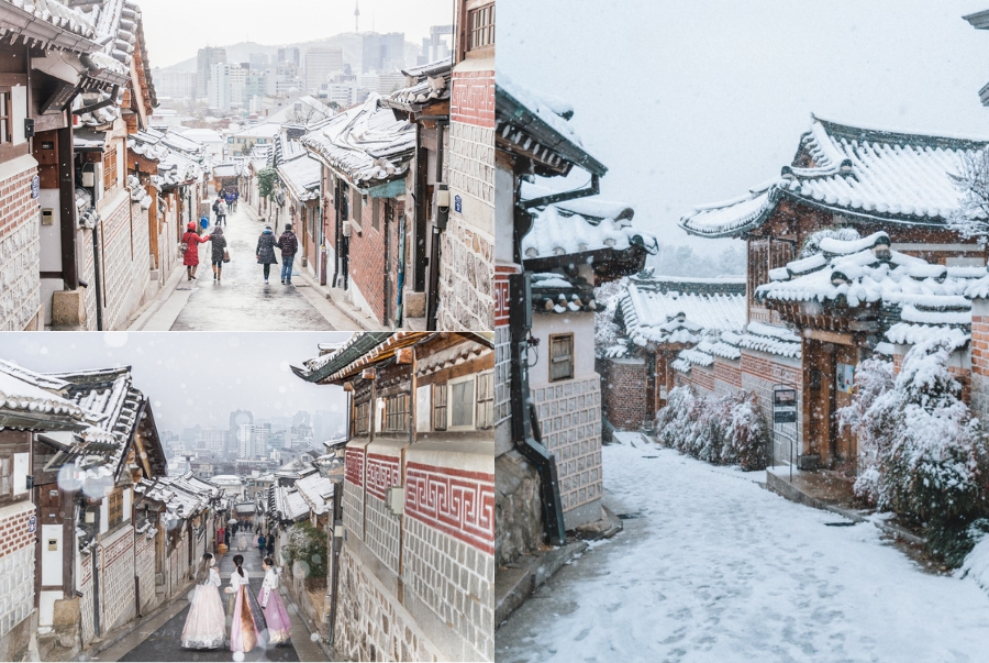 Làng Bukchon Hanok càng trở nên lãng mạn hơn khi những mái ngói cong được phủ đầy tuyết trắng